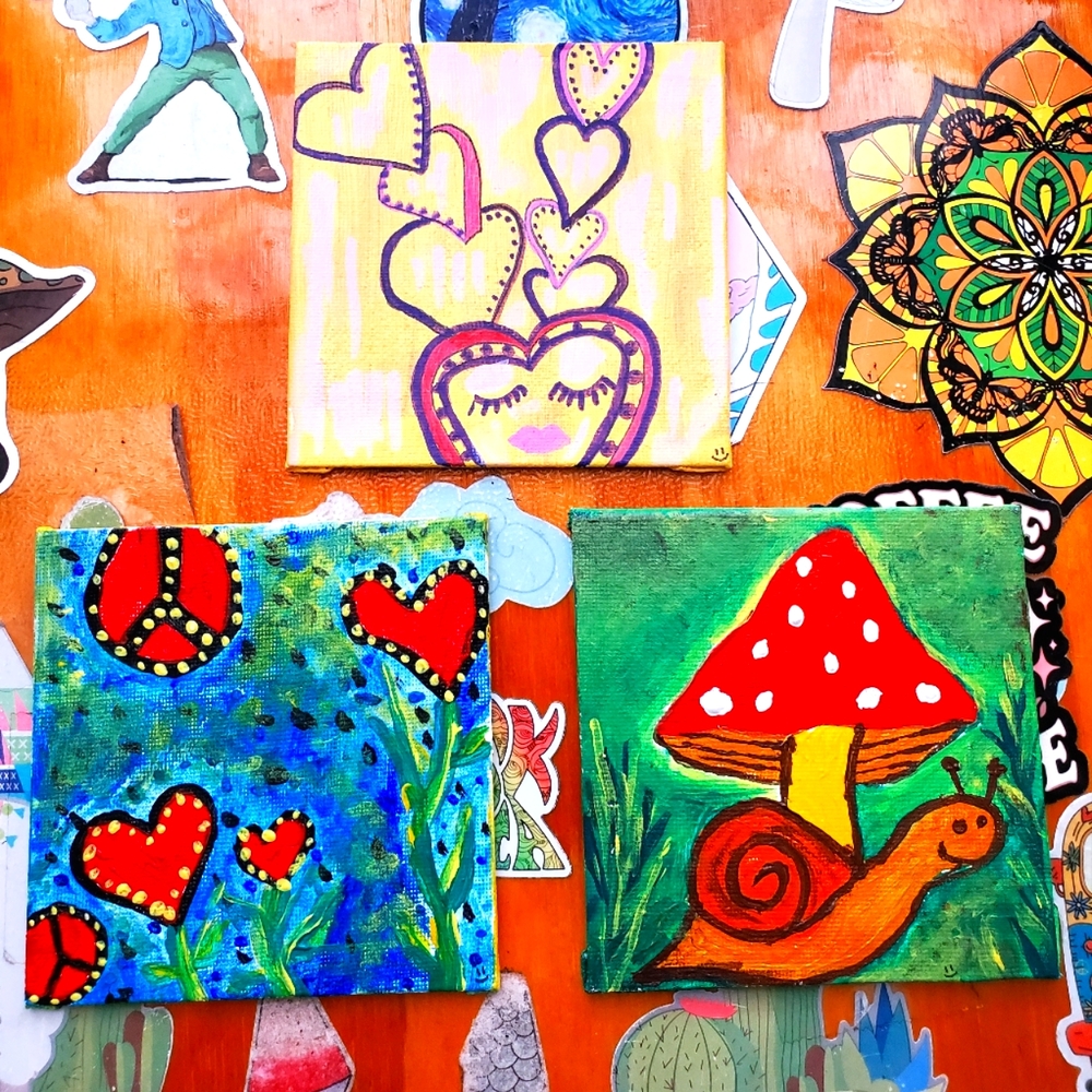 Three Mini Paintings 4x4 Original Handmade Paintings Art Artist Decor‎ Artwork